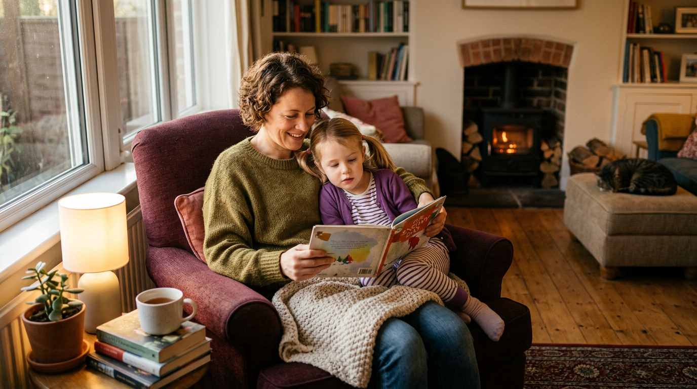 parent and child celebrating World Book Day activities for kids in a cosy home reading corner