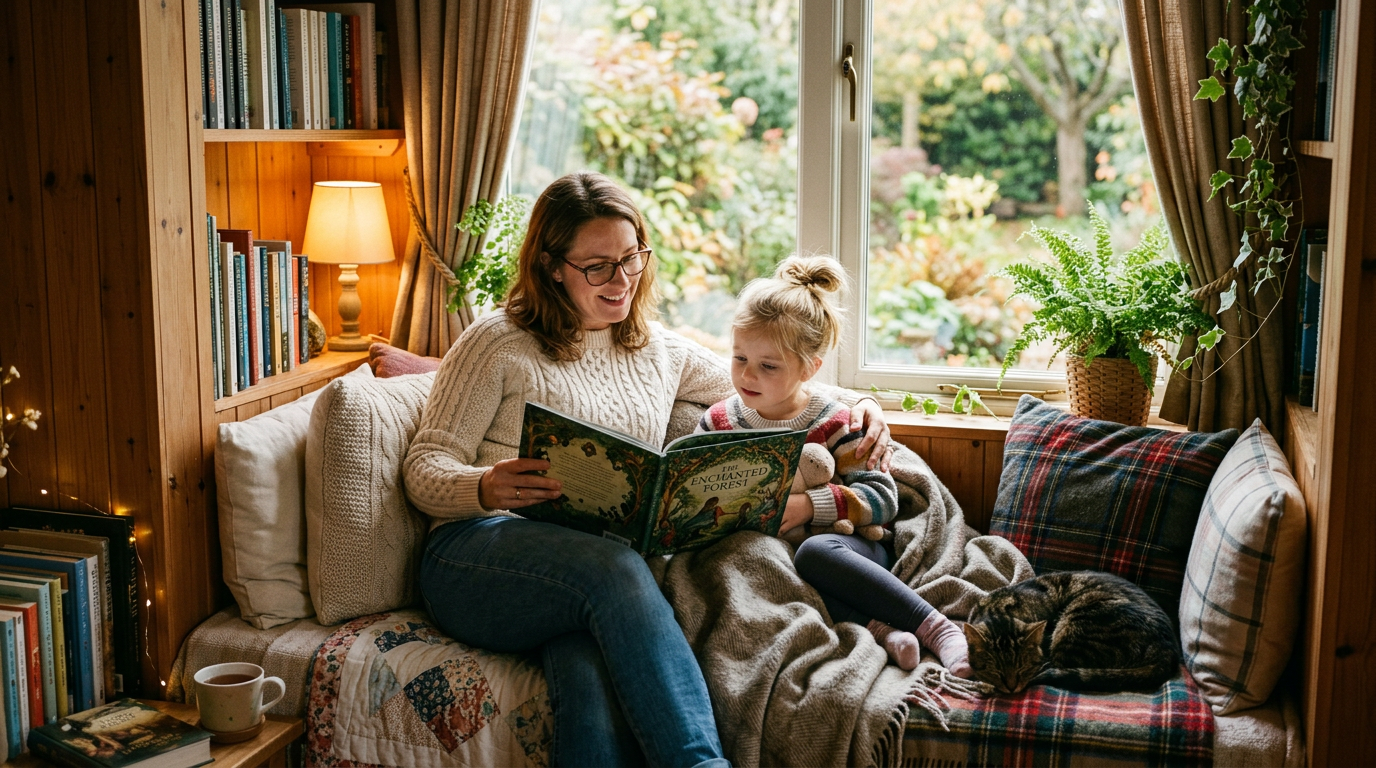Parent and child enjoying National Poetry Month for kids in a cosy story corner