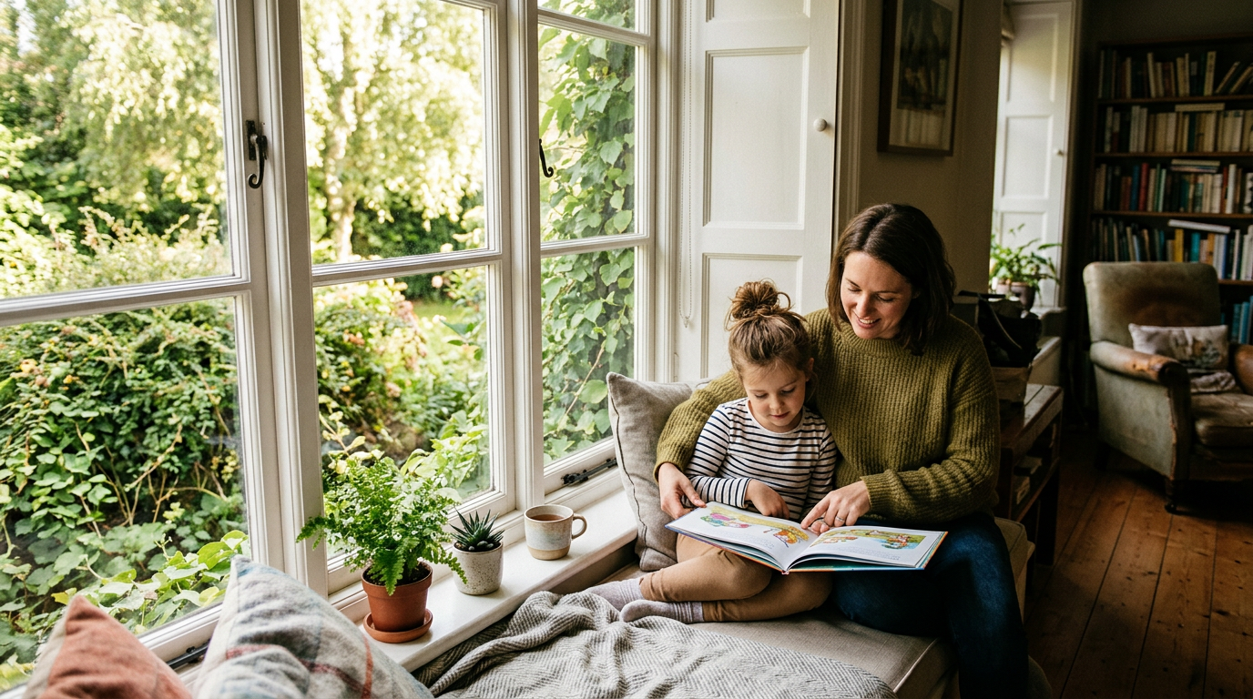 Parent and child reading earth day books for kids in a warm spring story corner