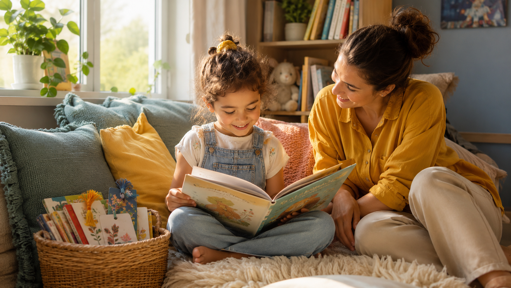 child enjoying Get Caught Reading Month ideas in a cosy book corner