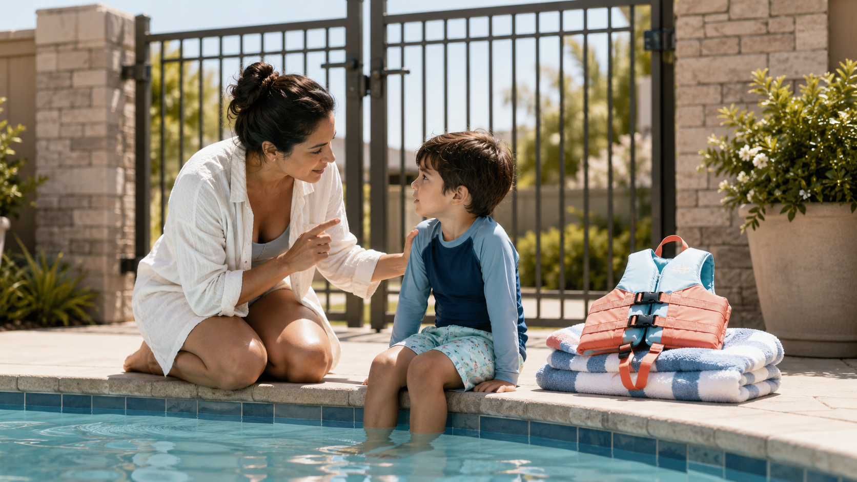 parent explaining water safety for kids before pool season